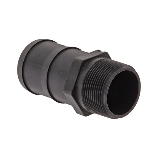 Black plastic hose barb adapter with a barbed end, threaded end, and hexagonal base.