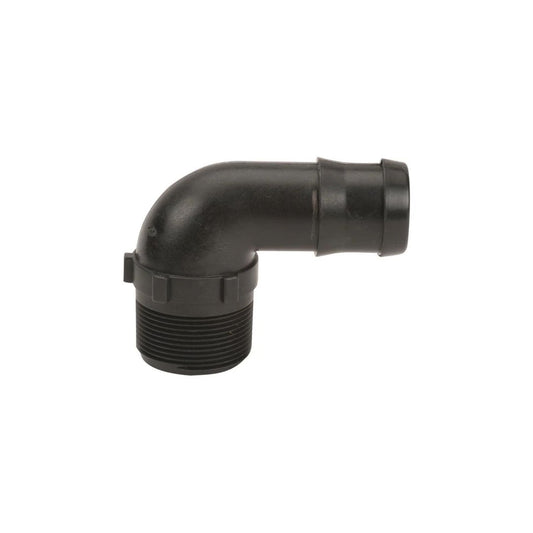 The Banjo 1-1/2" MNPT x 1-1/2" 90 Degree Hose Barb Elbow (HB150-90), constructed from reinforced polypropylene, is a black plastic connector featuring a precise 90-degree angle and threaded ends, showcased against a plain white background to emphasize its superior chemical resistance.