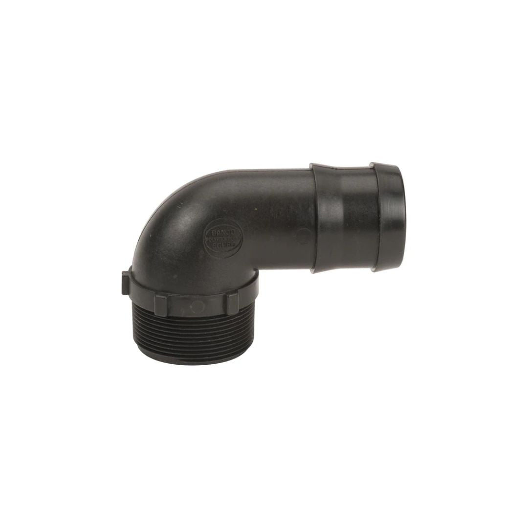 The Banjo 2" MNPT x 2" 90 Degree Hose Barb Elbow (HB200-90) is a black reinforced polypropylene fitting with threaded connections on both ends, ideal for plumbing applications and high-pressure environments.