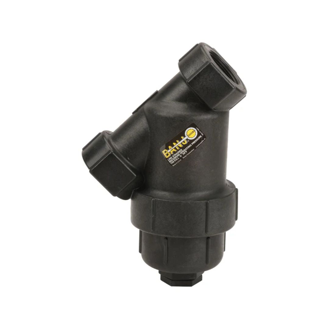 The Banjo Y Strainer (LS150-50) is a heavy-duty black polypropylene filter designed for agricultural and industrial applications. It features 1-1/2" NPT threaded ends for easy connection, a centrally located label, and efficient liquid filtration capabilities that make it ideal for irrigation systems.