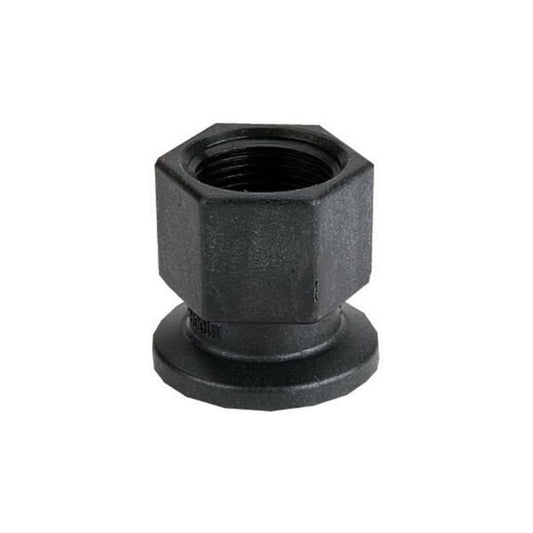 Black plastic hexagonal nut with a threaded interior, designed for secure hose connections, featuring a flat circular base for stability