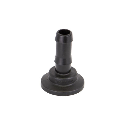 Black plastic male hose adapter fitting with a barbed end for hose connection and a smooth, round flange at the base for secure attachment.