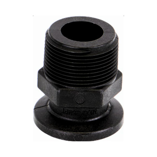 Black plastic male adapter fitting with a threaded end, smooth end, and hexagonal base.