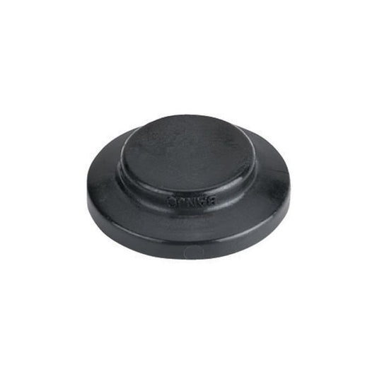 Black plastic pipe plug with a flat circular top and a round, smooth body for securely sealing off a pipe or hose opening