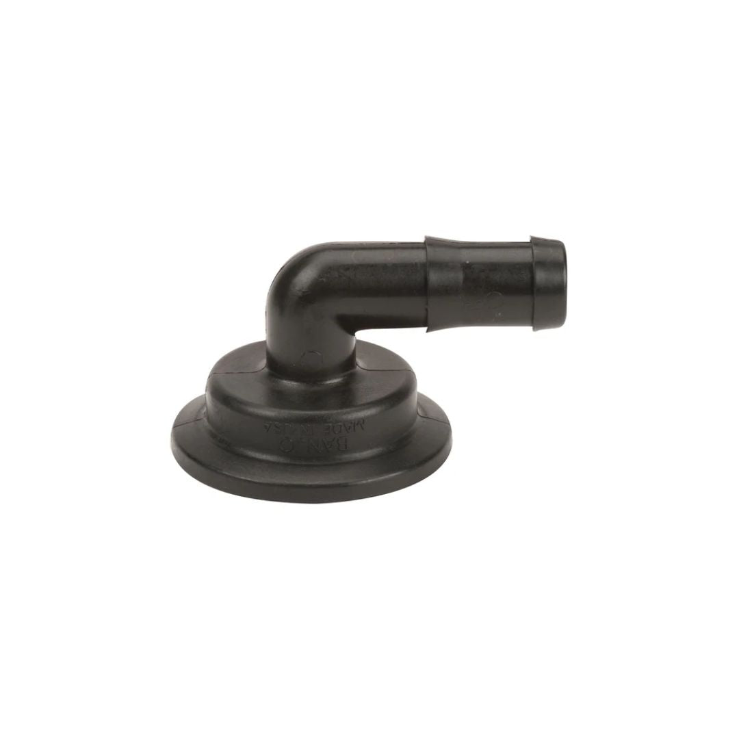 The Banjo 2" Flange X 1" 90 Degree Hose Barb Elbow (M200100BRB90) is a black plastic connector designed for securing hoses in agricultural and industrial applications.