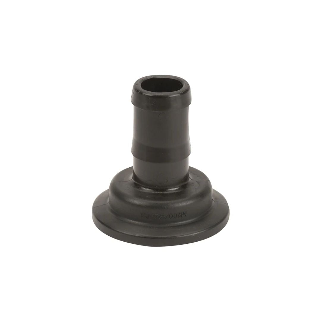 Banjo's 2" Manifold Flange x 1-1/4" Hose Barb (M200125BRB) features a black, cylindrical rubber hose connector with a flared base designed for liquid handling, showcased against a plain white background.