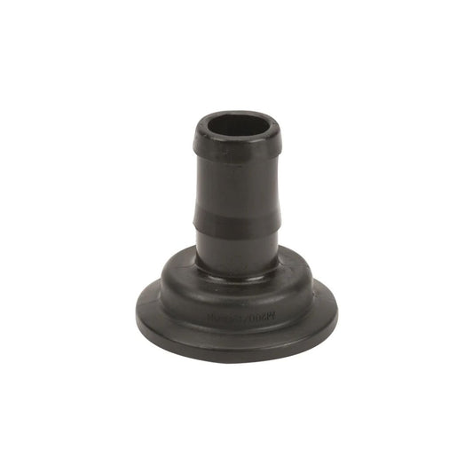 Black plastic hose barb fitting with a smooth barb and a flange base, designed for secure hose attachment with a ribbed section near the top for better grip