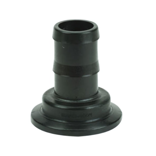 Black plastic male hose adapter fitting with a barbed end for hose connection and a smooth, flat flange at the base for secure attachment