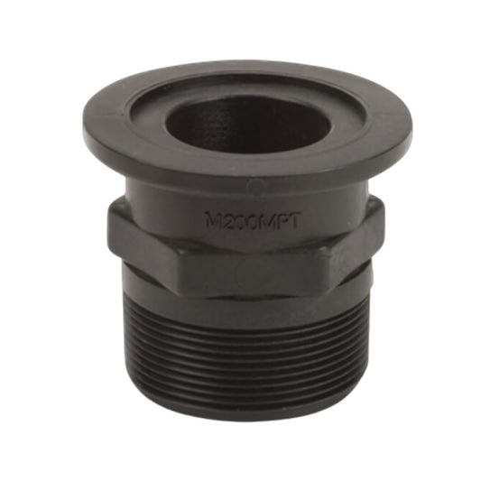 Black plastic male adapter fitting with a threaded end and smooth flange with a lip for secure attachment