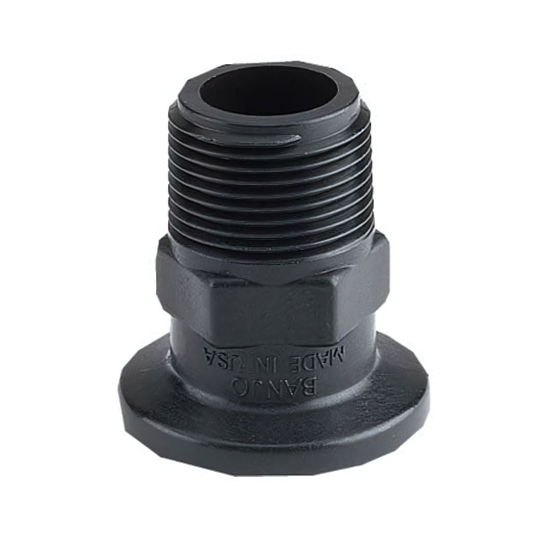 A black plastic Banjo 3" Manifold Flange x 3" MNPT Adapter (M300MPT) with a hex nut base, ideal for industrial and agricultural applications, labeled "BANJO MADE IN USA.