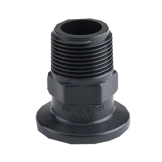 Black threaded pipe fitting with a hexagonal base and embossed text "BANJO MADE IN USA