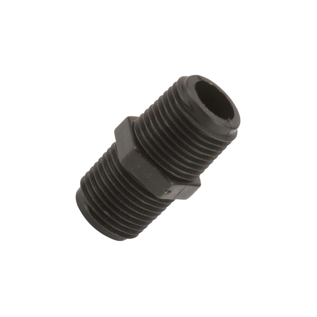 Banjo 1/2" MNPT x 1/2" MNPT Close Nipple Poly (NIP050-SH), a black, threaded polypropylene fitting with a hexagonal middle section on a white background, tailored for industrial use.