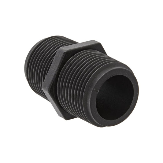 Black plastic threaded pipe nipple with male threads on both ends, designed for connecting two female threaded pipes or fittings
