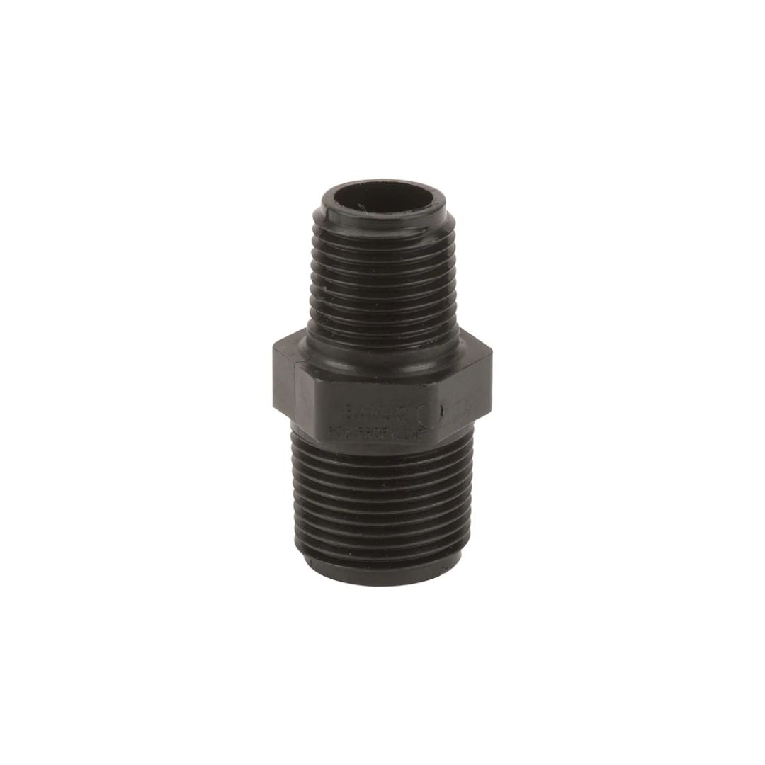 The Banjo 3/4" MNPT x 1/2" MNPT Reducing Nipple Poly (RN075-050) is designed with black glass reinforced polypropylene for enhanced durability. Featuring threaded male pipe adapter ends and a hexagonal center, it ensures easy application with a wrench, while maintaining a high-pressure rating.