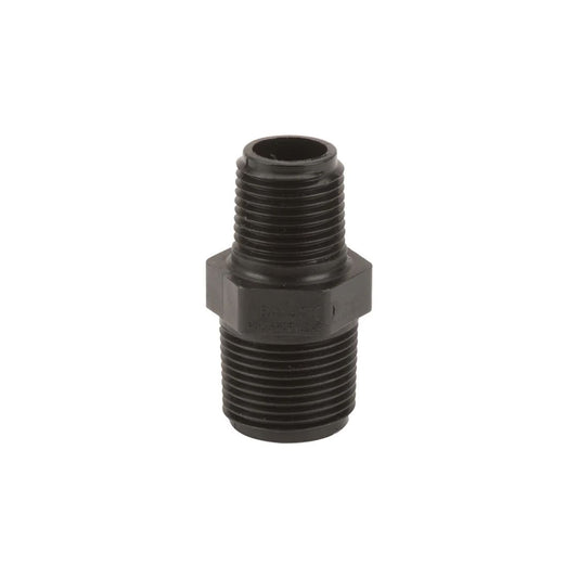 Black plastic reducer nipple with male threads on both ends, featuring a larger diameter on one end and a smaller diameter on the other, for connecting pipes of different sizes.