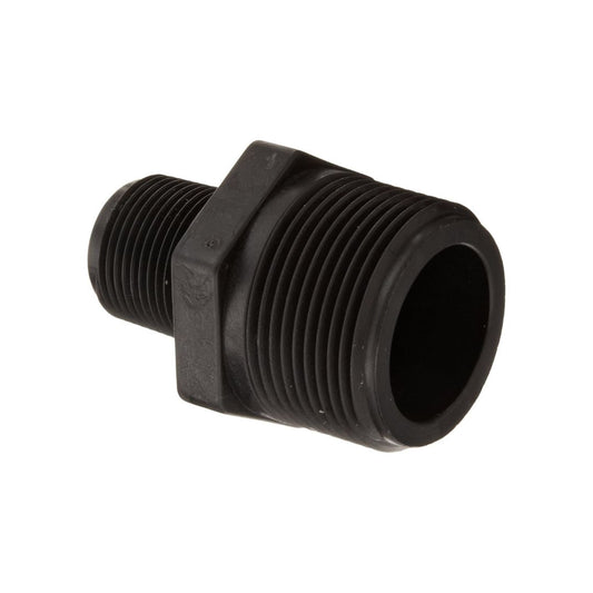 Black plastic reducer nipple with male threads on both ends, designed to connect two pipes of different sizes