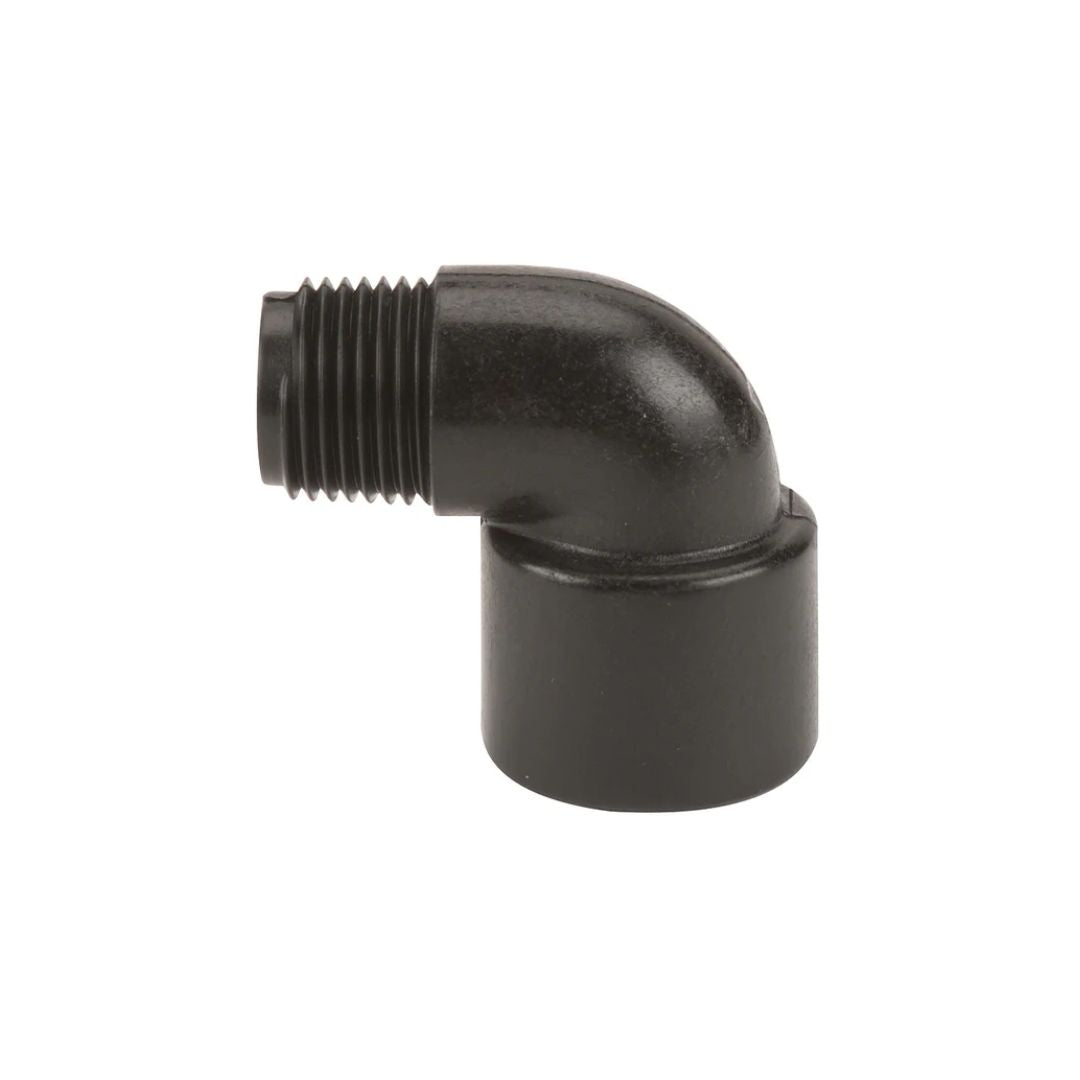 The Banjo 3/8" NPT 90 Degree Street Elbow (SL038-90) is a black PVC pipe fitting featuring external threading on one end and a smooth opening on the other. Ideal for industrial applications, this versatile Banjo street elbow ensures a secure connection in various piping systems.