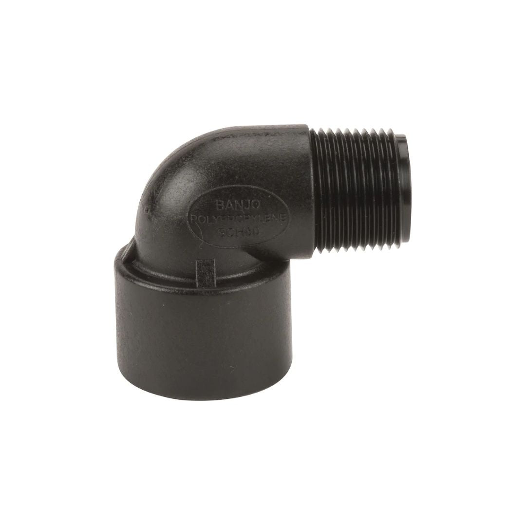 The Banjo 3/4" NPT 90 Degree Street Elbow (SL075-90) is a precision-engineered fitting made of durable, fiberglass-reinforced polypropylene with threaded ends. This high-pressure rating component ensures reliable performance in demanding applications, making it ideal for connecting pipes.