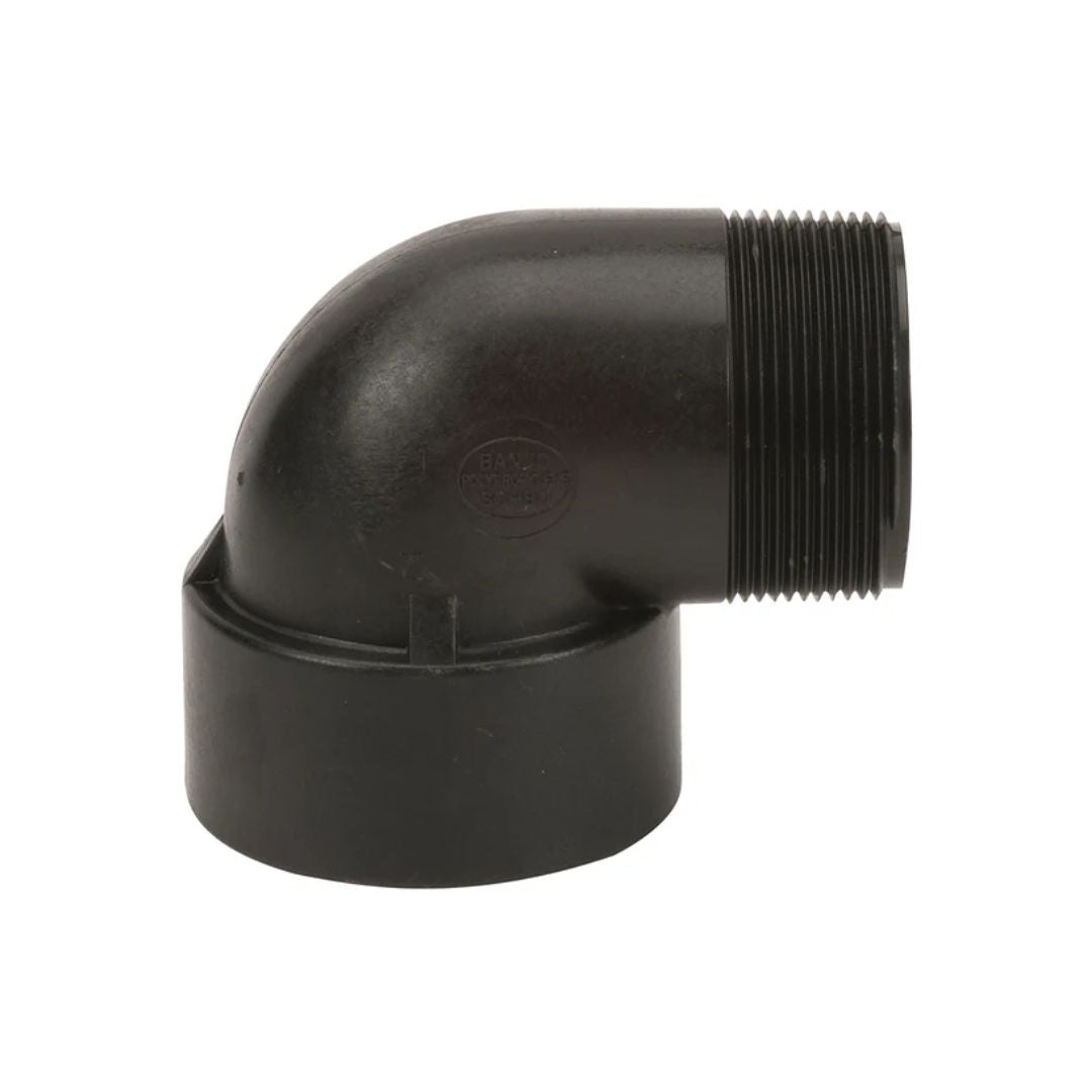 The Banjo 2" NPT 90 Degree Street Elbow (SL200-90) features a black PVC construction with threaded and slip joint ends, providing high-performance fluid system capabilities and exceptional chemical resistance, shown against a white background.