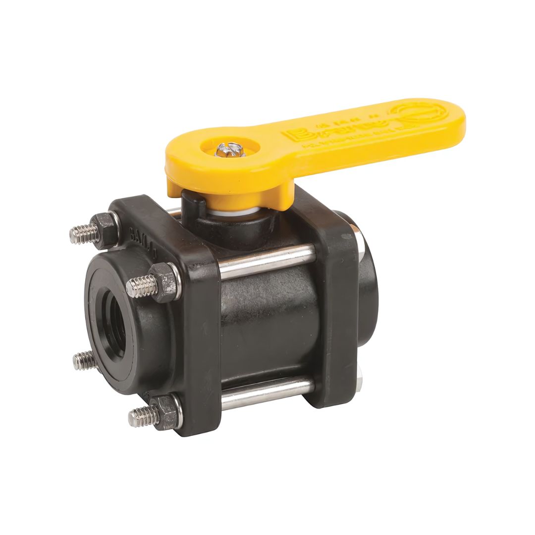 The Banjo Ball Valve - 1/2" FNPT Polypropylene, Full Port (V050) by Banjo is constructed from black fiberglass-reinforced polypropylene and features a yellow lever handle and metal bolts, making it ideal for agricultural fluid control.