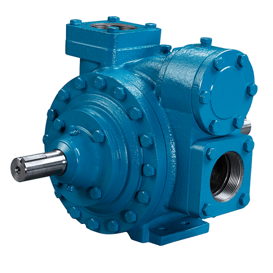 The Blackmer LGLD4B Sliding Vane Pump - 4" Base Mount, 1-1/4" Shaft from Blackmer, featuring threaded openings, metal fittings, and multiple bolts on its surface, is ideal for high-volume transfer tasks.