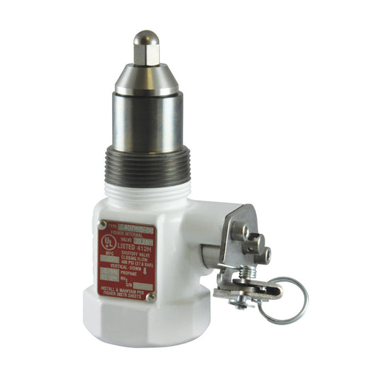 Pressure relief valve featuring the Fisher C407M-10 model, with a metallic top, threaded body, and a ring-equipped latch mechanism. The valve includes a white base and has a red label on the side. This Emerson Fisher C407M-10 model is an internal valve made of WCC steel, equipped with 1-1/4" MNPT x FNPT threading and supports an 80 GPM flow rate.