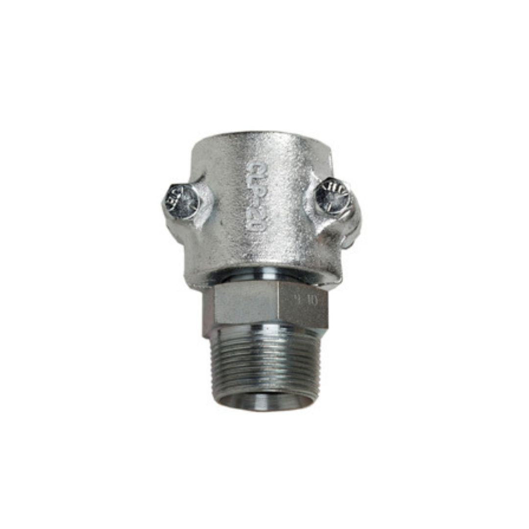 The Continental Hose Coupling 1-1/4" MPT 2-Bolt Clamp Type by Continental is a silver metal pipe fitting with a threaded end and clamp screws, designed for agricultural applications and featuring rust and corrosion protection.