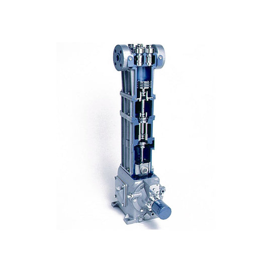 A Corken D91 Gas Compressor - Vertical, Single Stage, 4-8.3 CFM, with exposed internal mechanisms and blue accents, standing on a metallic base, ideal for oil-free gas compression applications.