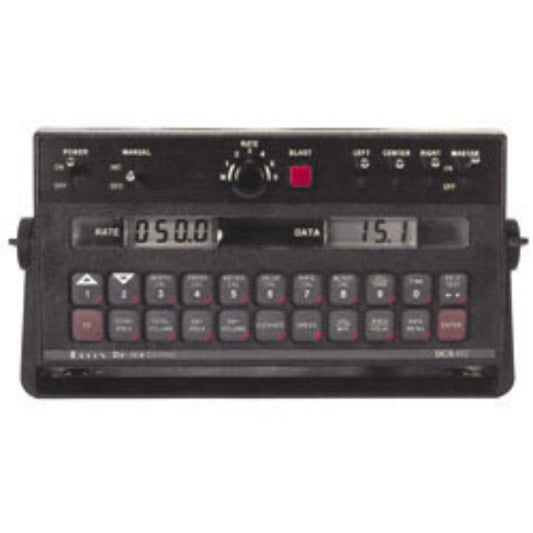 The Raven DCS 400 Liquid De-Icer Console, a vintage electronic device with buttons, a knob, and digital displays for "Rate" and "Data," is perfect for granular spreader control. The brand reads “Raven”.