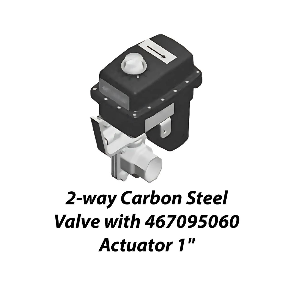 Diagram of a DICKEY-john Control Valve, 1" in carbon steel with a 46709-5040 actuator, featuring precision flow management, available in black and gray.