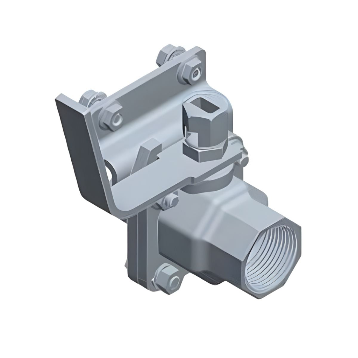 3D illustration of a grey metal pipe fitting with NPT connections, featuring a mounting bracket and bolts, on a white background.