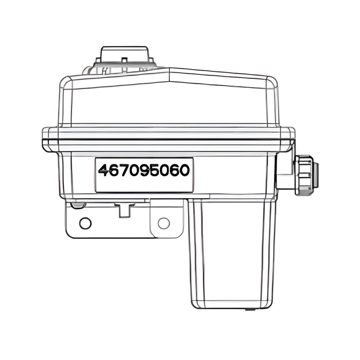 Line drawing of a mechanical part with a number 467095060 displayed prominently on its side, showcasing an intricate actuator assembly.