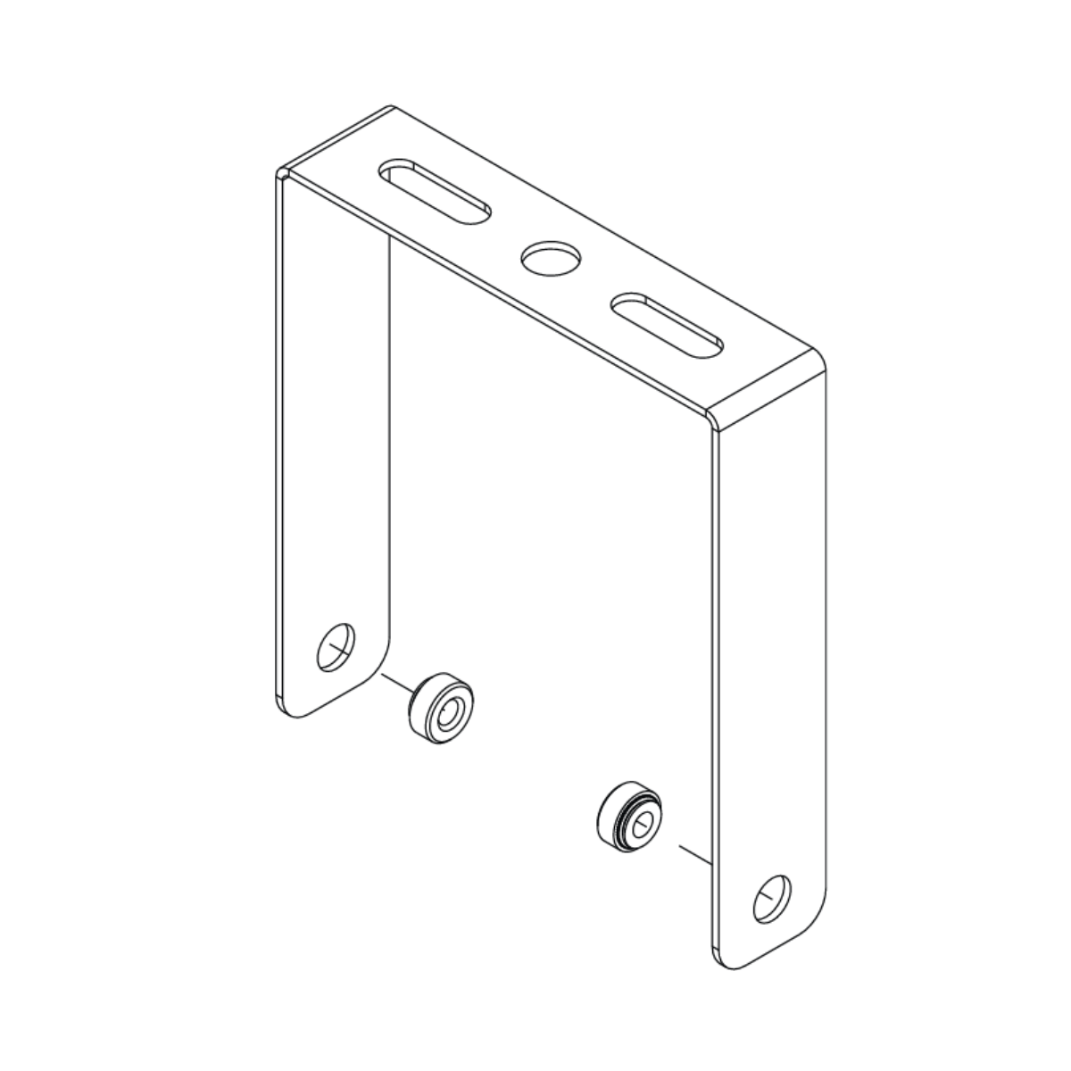 Line drawing of the DICKEY-john BSM/ESM Universal Mounting Bracket (46798-4160) featuring a metal bracket with three holes on the top and two nuts on the bottom ends, ideal for integrating seamlessly into agricultural equipment or BSM/ESM modules.