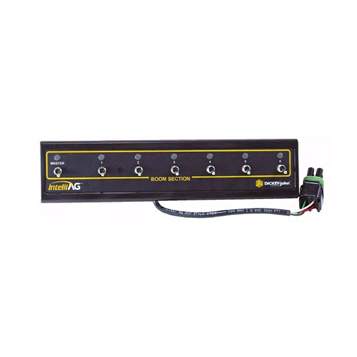 The DICKEY-john Boom Switch Module (46798-4030S1) is a black panel with multiple switches and an attached cable on the right side, designed for precise section control in agricultural spraying operations.