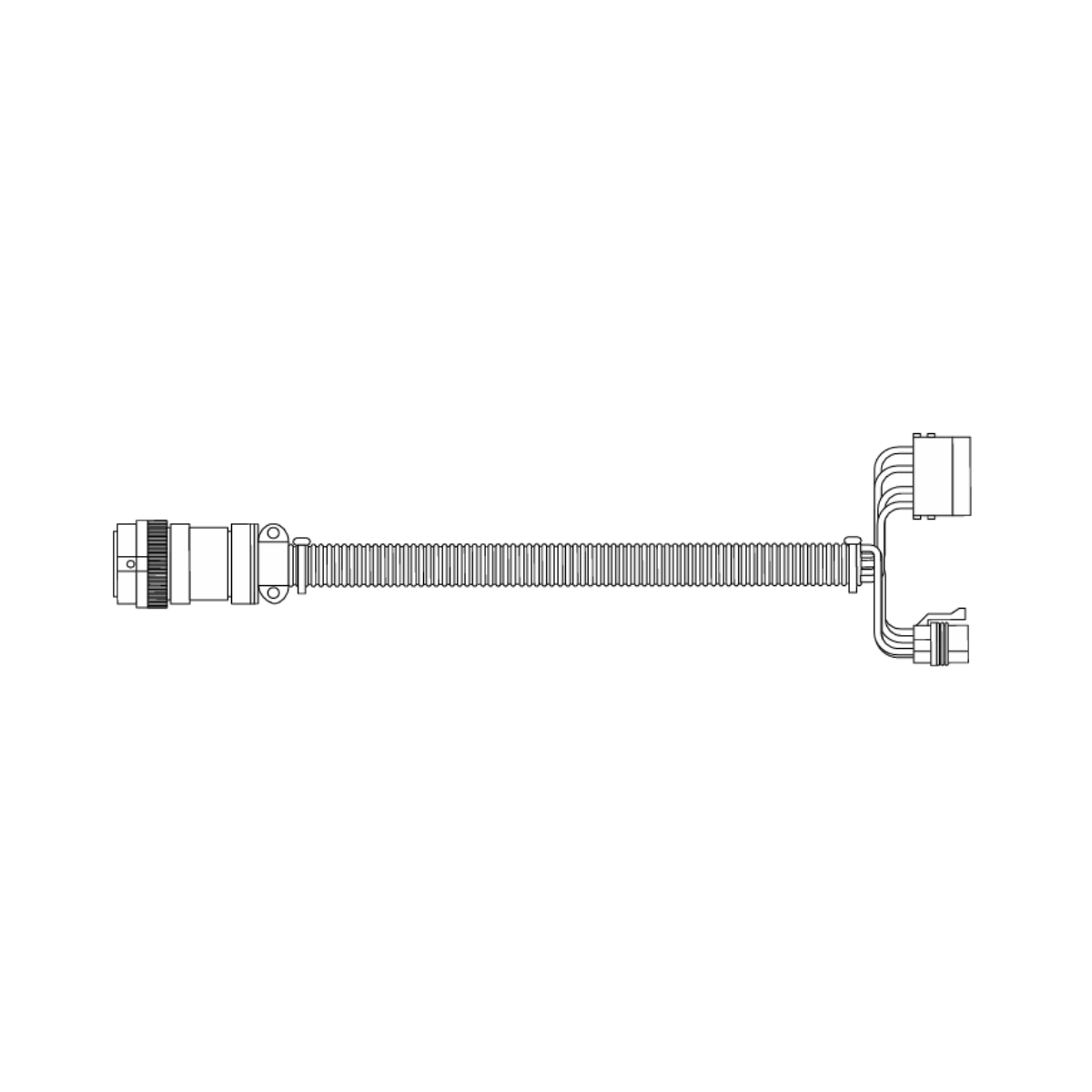 Line drawing of the DICKEY-john Harness Hitch Extension, a 20 ft coiled cable with connectors at both ends, and one end featuring multiple wires extending from a single connector. Designed for universal compatibility, it adheres to ISO 11783 standards for seamless integration into precision agriculture systems.