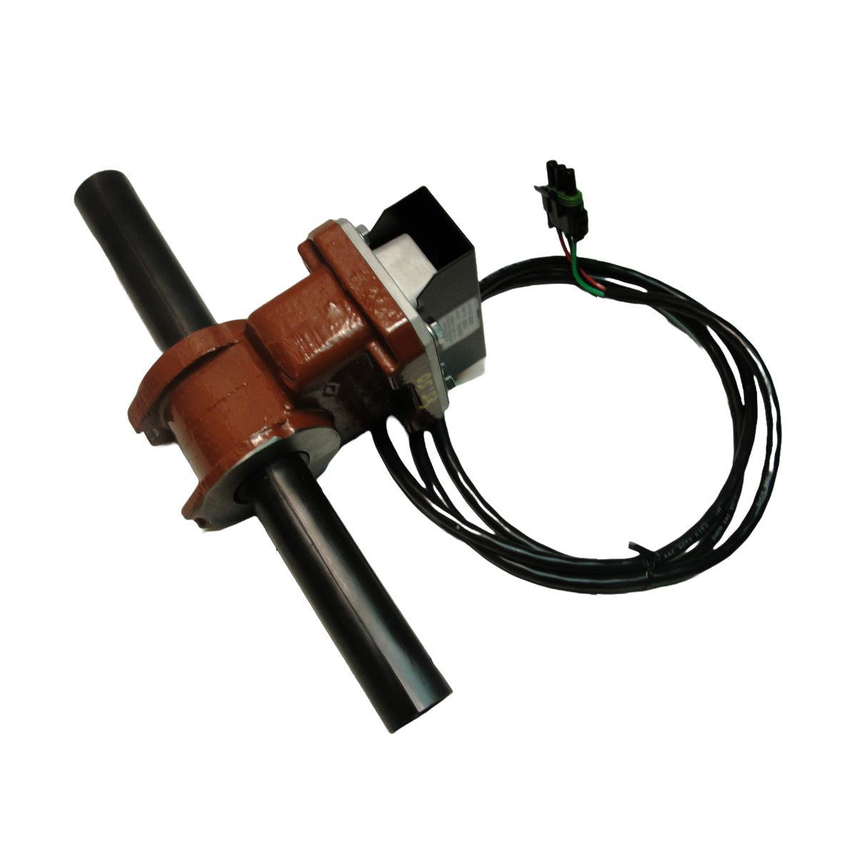 The DICKEY-john Flow Meter - 1/2", 0.5-5 GPM | NH3 (45790-1610S1) is an electronic device designed with a cylindrical body, wires connected, and a black mounting bracket, making it ideal for NH3 applications as a flow meter.