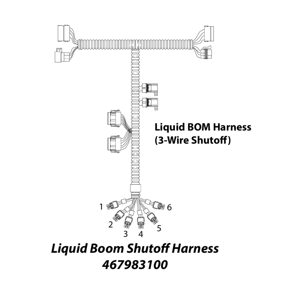 Diagram of the DICKEY-john Liquid Boom Harness - 6-Boom 3-Wire Shutoff Control (46798-3100), labeled "Liquid BOM Harness (3-Wire Shutoff)", showcasing wiring and connectors. Ideal for agricultural spraying, this boom control solution integrates seamlessly with IntelliAg Monitoring Systems.