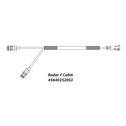 Diagram of the DICKEY-john Radar Y Cable for John Deere 4xxx, 7xxx, 80xx Series (45640-2520S3), highlighting its detailed connectors on both ends and a branching segment for universal compatibility with John Deere equipment.