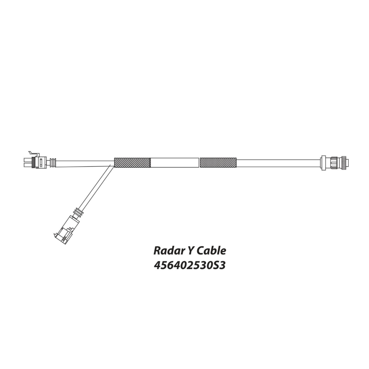 Diagram of a DICKEY-john Radar Y Cable, model number 45640-2530S3, tailored for John Deere 7600-8010T tractors (85-11/09), illustrating connectors at each end and an additional side connector.