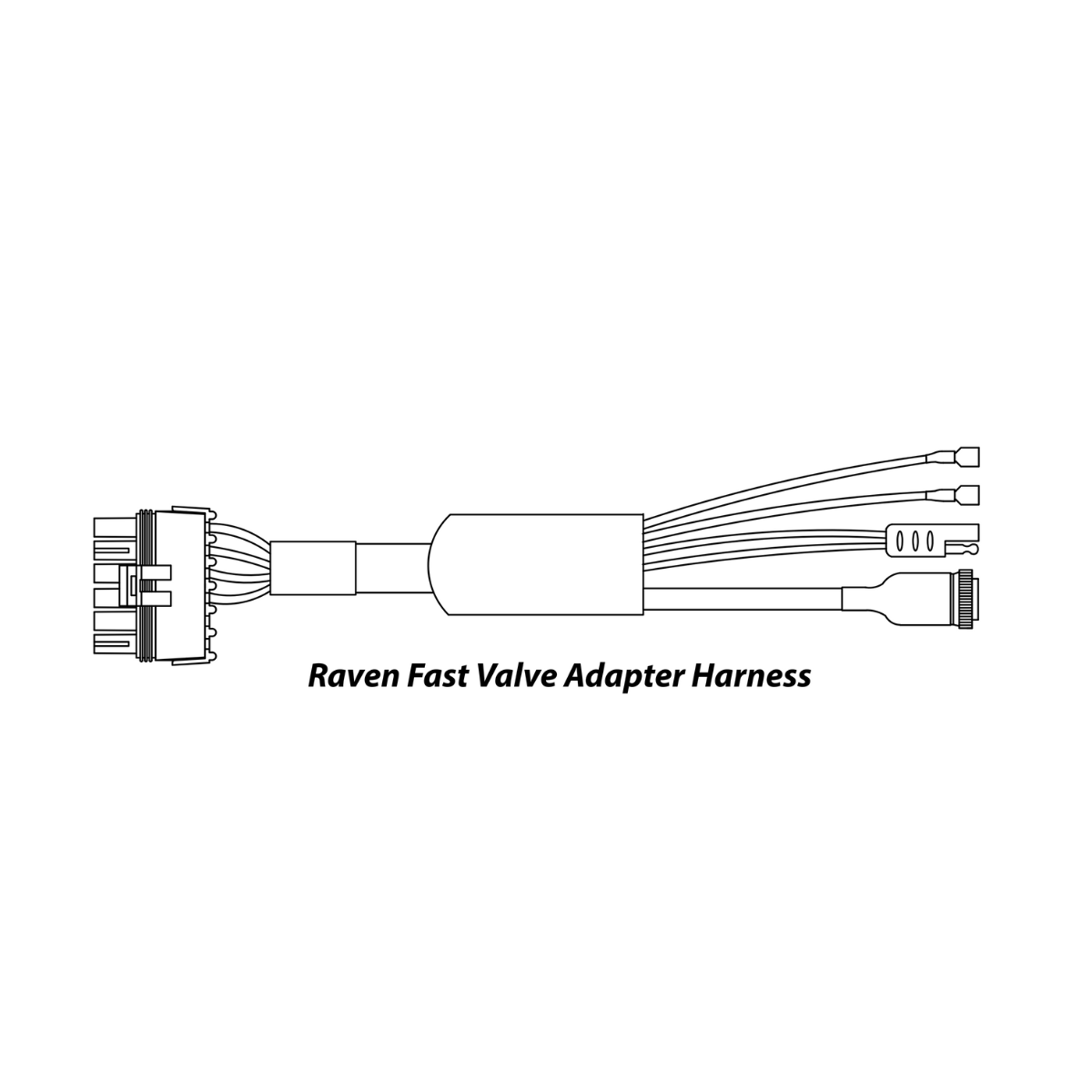 Technical diagram of a Raven Fast Valve Adapter Harness featuring labeled components and connectors to enhance control system connectivity.