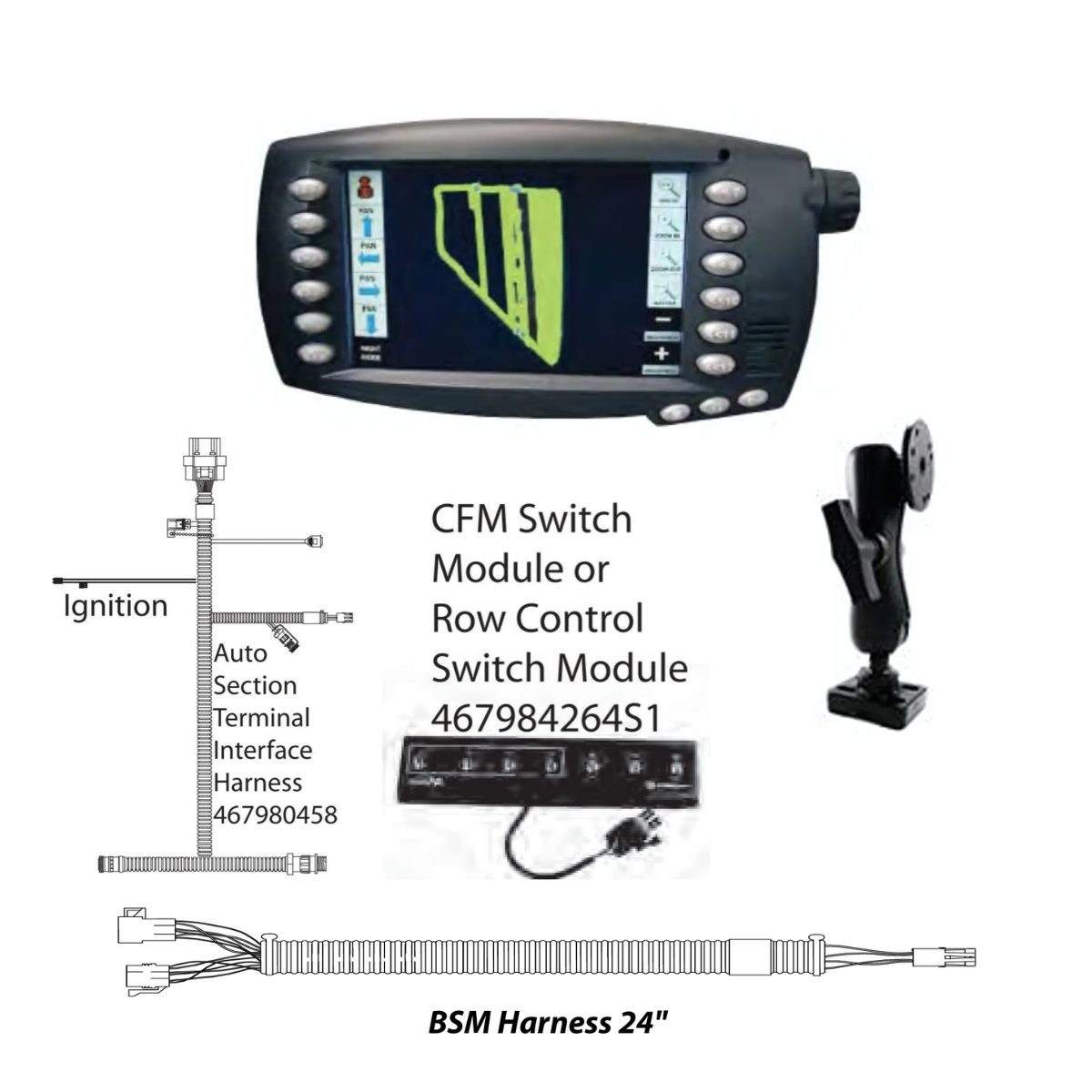 The DICKEY-john IntelliAg Swath Control Kit - Auto Section Control System (IASWATHKIT) includes a digital display of a field, various harnesses, and connectors, all enhanced with ISOBUS Certified Integration for seamless operation in precision agriculture applications.