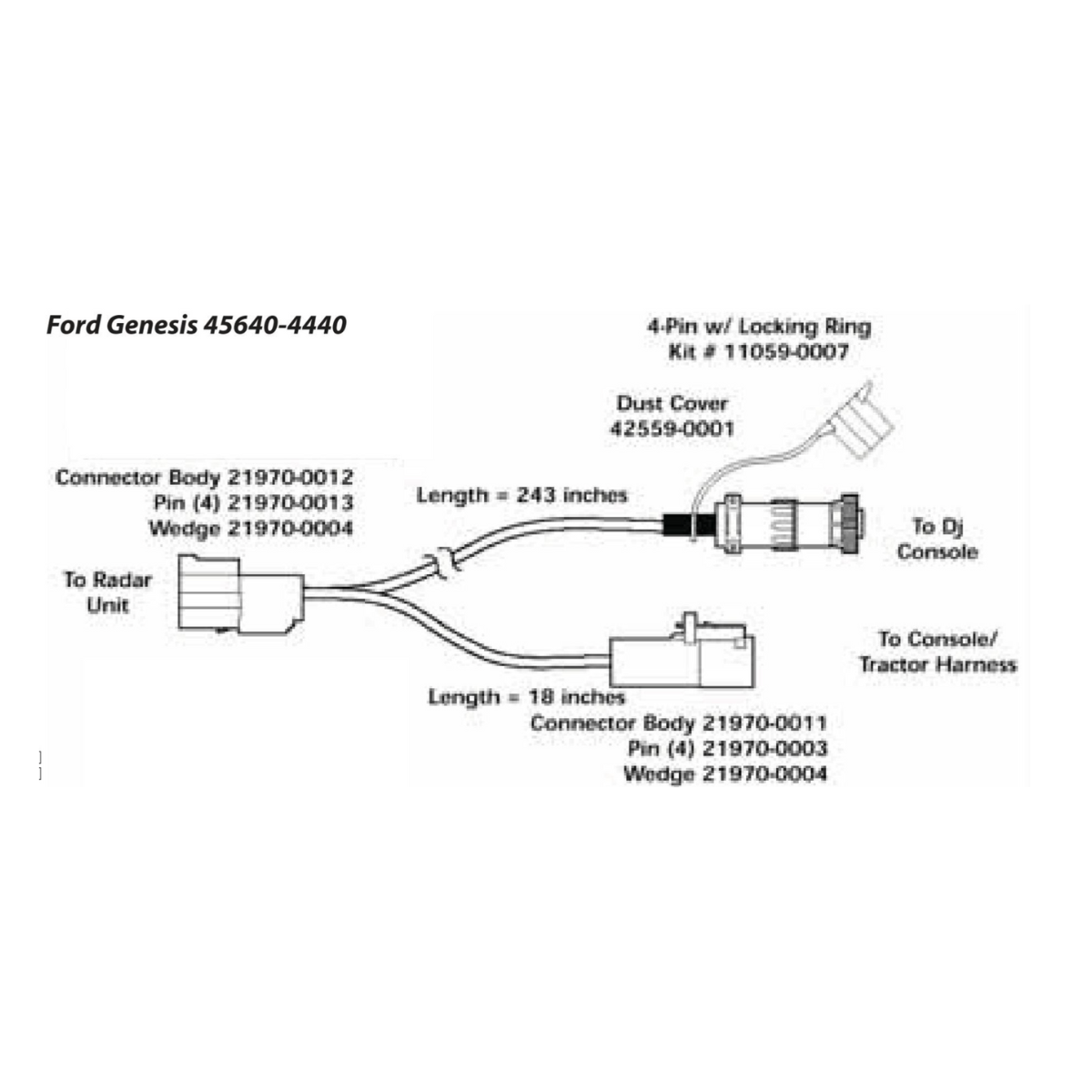 Diagram of DICKEY-john Y Cable - Ford/New Holland TW425, Genesis, Buhler (45640-4440) connections and components, including connectors, pins, and length specifications for agricultural equipment like the Ford/New Holland TW425.