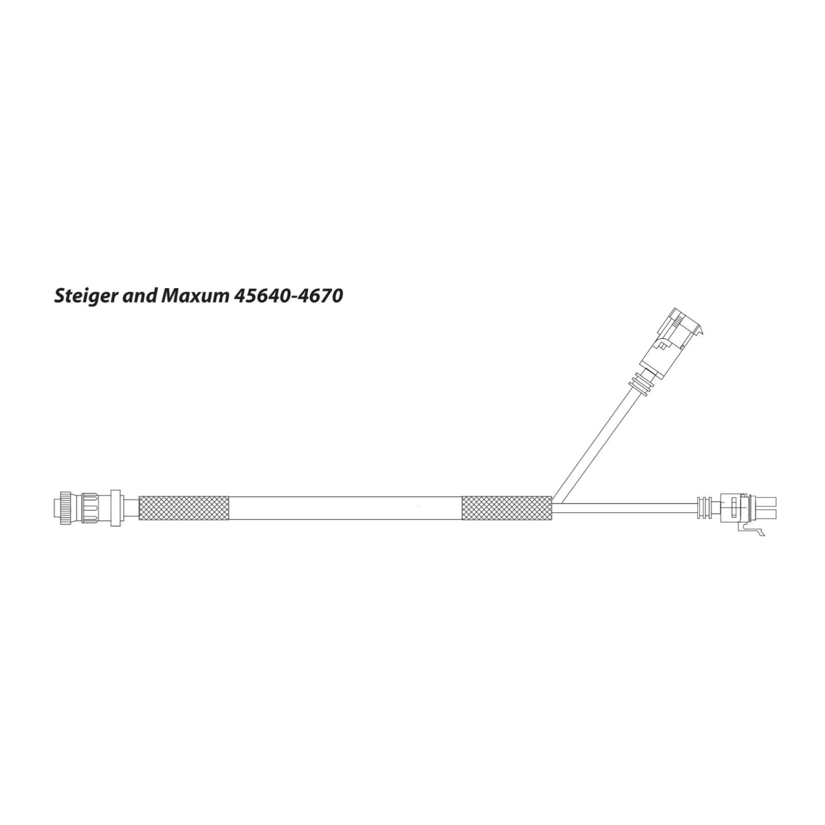 A black and white technical diagram of a DICKEY-john Y Cable labeled "Steiger Case IH Maxum (45640-4670)" features connectors on each end, designed to ensure seamless connectivity with Case IH Tractors.