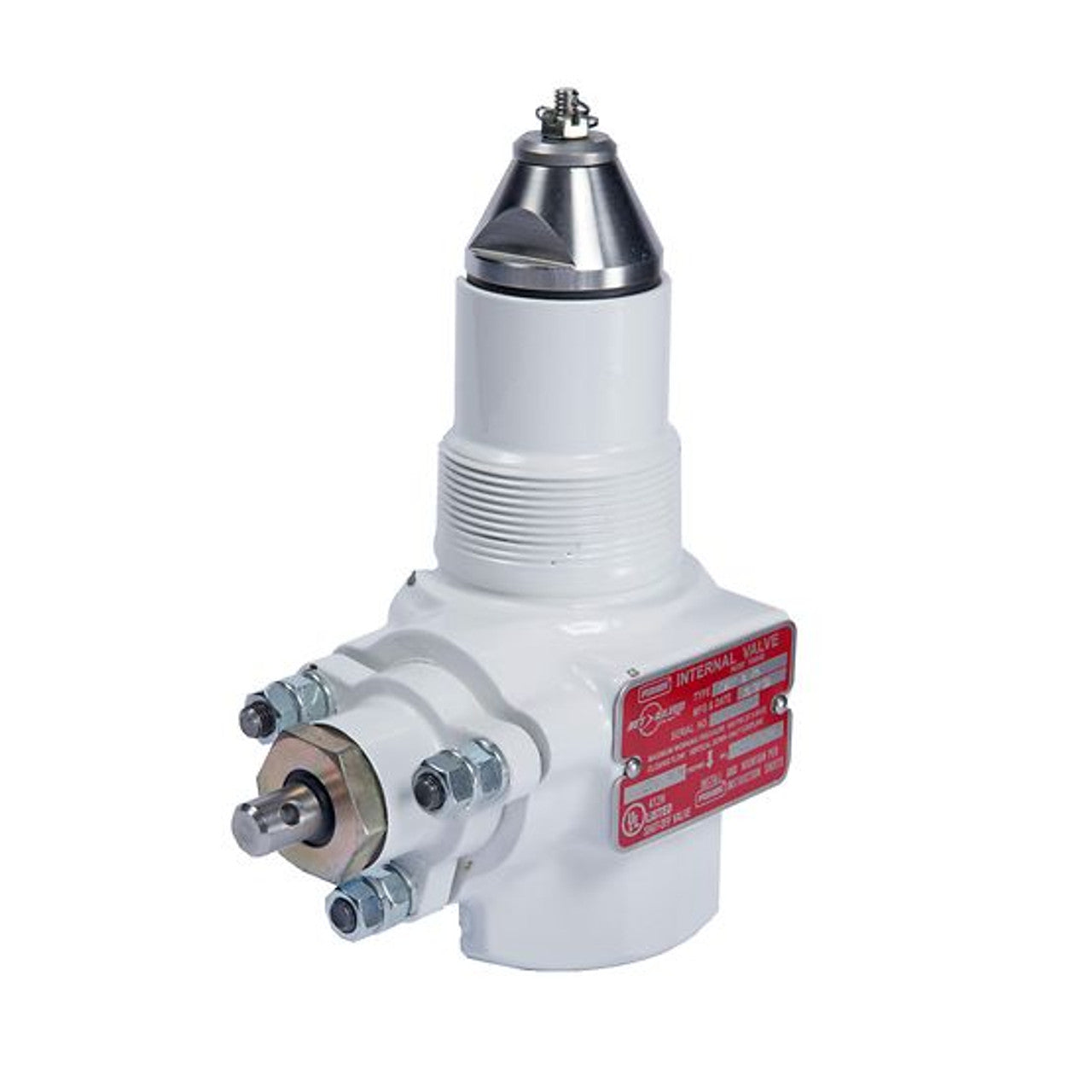 The Fisher C477-16-25 2" MNPT x FNPT Jet Bleed Stainless Steel Internal Valve, equipped with a low-temperature seal and a 250 GPM spring, is an industrial valve combining white and metallic elements with a red label. It features multiple bolts and a cylindrical shape, making it ideal for use in large stationary storage tanks, bobtail trucks, and transport trucks.