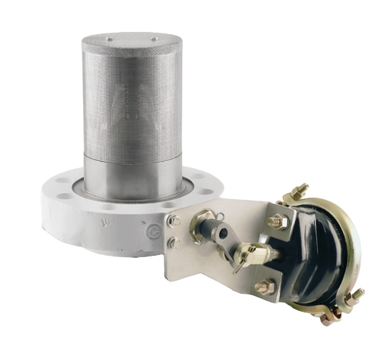 The Fisher Flanged Internal Valve 3" / DN 80 Single Flange 400 GPM C484-24-40 features a cylindrical metal filter and an attached actuator for pump protection. This industrial valve is mounted on a flanged base.