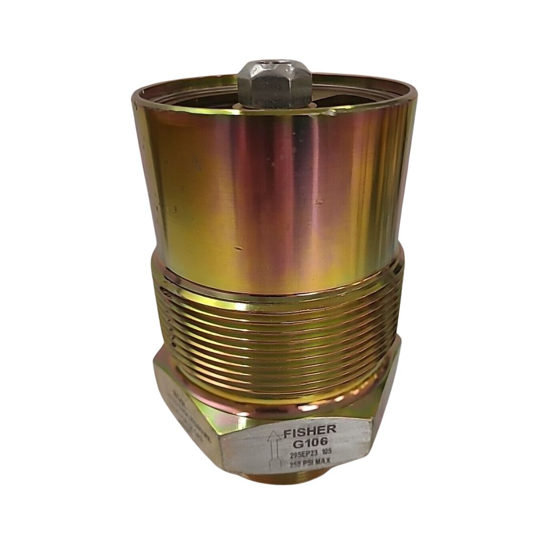 The product labeled "Fisher Back Check Valve 3'' FNPT x 2'' MNPT Steel LP-Gas & NH3" from the brand Fisher, featuring threaded sections, is used for industrial or mechanical applications such as liquid transfer lines.