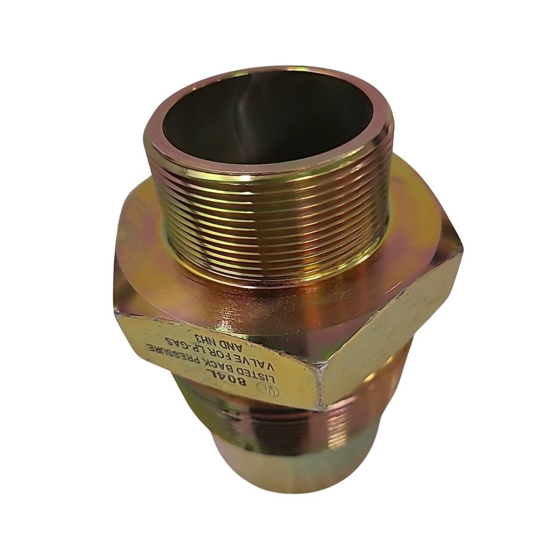 Close-up of a Fisher Back Check Valve 3" FNPT x 2" MNPT Steel with threads, cylindrical shape, and industrial markings on the lower part, ideal for LP-Gas and Anhydrous Ammonia (NH3) liquid transfer lines.