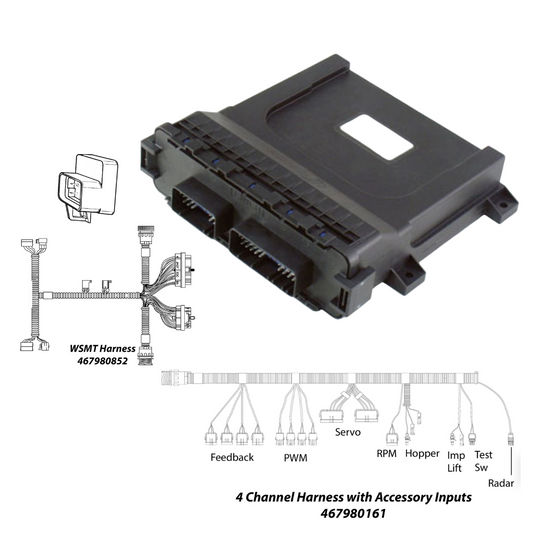 The DICKEY-john IntelliAg Air Cart Control Kit - WSMT2 System (IAACCIMPKIT) is a black electronic component featuring multiple connectors, wiring diagrams, and the text "4 Channel Harness with Accessory Inputs 467980161," specifically designed for precision farming and ISO compliant systems.