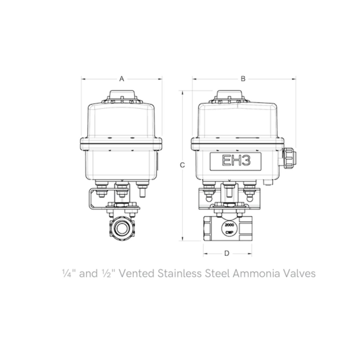 Diagram of KZ Valve Ball Valve (KZ1754-1CEBS-D01) in SS, 1/2" for NH3, with front and side views plus dimensions.