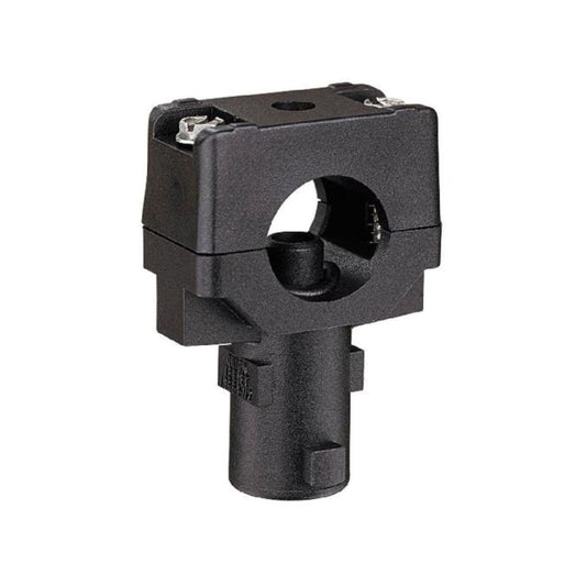 The TeeJet Single Nozzle Body (QJ7421-1-NYB) is a black, cylindrical plastic component equipped with a square top that includes a central circular hole and metal connectors. Crafted from durable polypropylene, this 1" pipe wet boom unit ensures longevity and reliability in various applications.